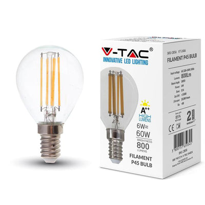 LED LAMPADINA 6W FILAMENTO E14 P45 TRASPARENTE 2700K 130LM/W