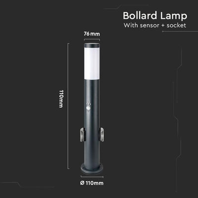 E27 PALETTO CON LAMPADA 60CM SENSORE PIR 2 PRESE A SPINA EU IN ACCIAIO INOSSIDABILE GRIGIO IP44