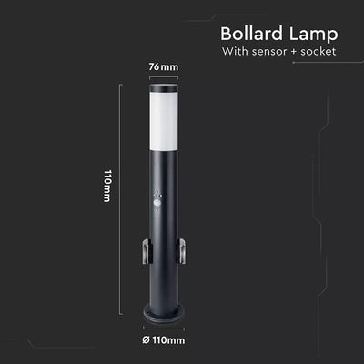 E27 PALETTO CON LAMPADA 60CM SENSORE PIR 2 PRESE A SPINA EU IN ACCIAIO INOSSIDABILE NERO IP44