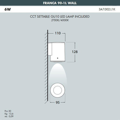FRANCA 90 WALL GREY GU10 3,5W  CCT