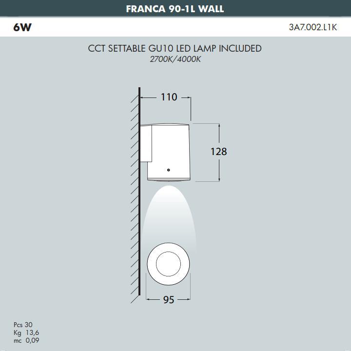 FRANCA 90 WALL GREY GU10 2,9W  CCT