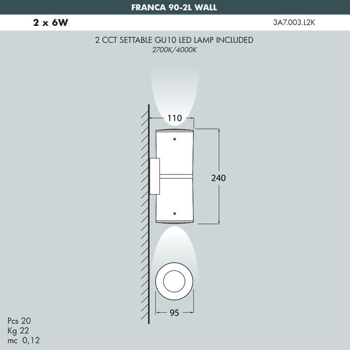 FRANCA 90 2L WALL NERO GU10 2X3,5W CCT 2700/4000K