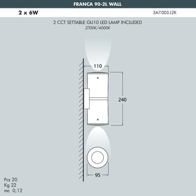 FRANCA 90 2L WALL NERO GU10 2X3,5W CCT 2700/4000K