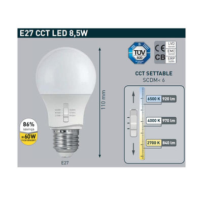 LAMPADINA E27 LED 8,5W CCT 3000-4000-6500K