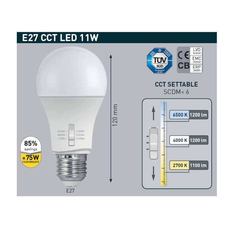 LAMPADINA E27 11W LED CCT 3000-4000-6500K