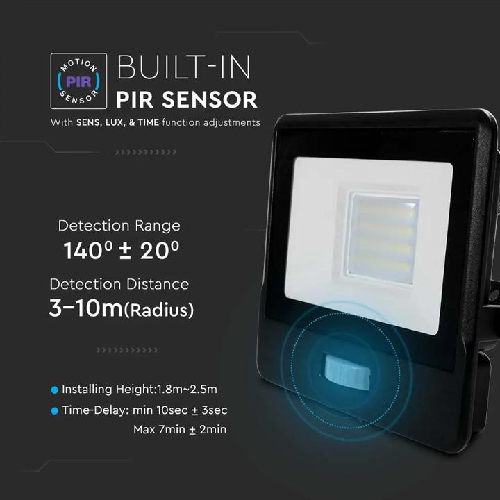20W LED PIR SENSORE PROIETTORE SAMSUNG CHIP CORPO NERO 6400K 1M CAVO