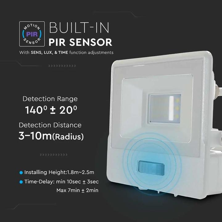 10W LED PIR SENSORE PROIETTORE SAMSUNG CORPO BIANCO  4000K 1M CAVO