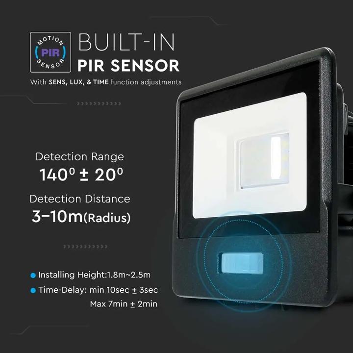 10W LED PIR SENSORE PROIETTORE SAMSUNG CHIP CORPO NERO 4000K