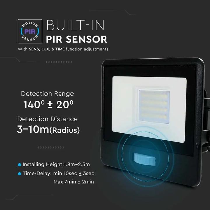 20W LED PIR SENSORE PROIETTORE SAMSUNG CHIP CORPO NERO 6500K