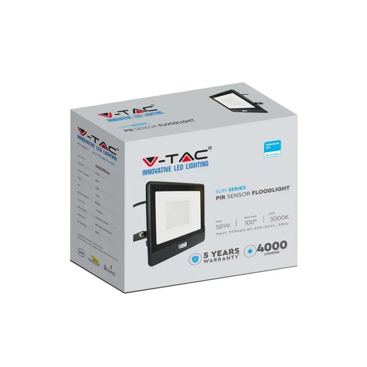 50W LED PIR SENSORE PROIETTORE SAMSUNG CHIP CORPO NERO 4000K 1M CAVO