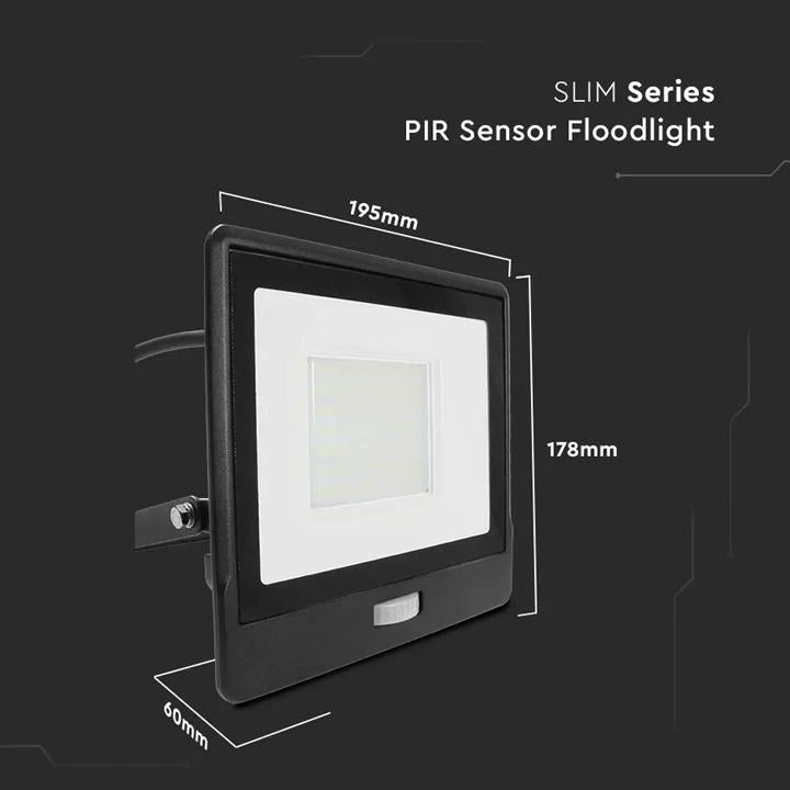 50W LED PIR SENSORE PROIETTORE SAMSUNG CHIP CORPO NERO 4000K 1M CAVO