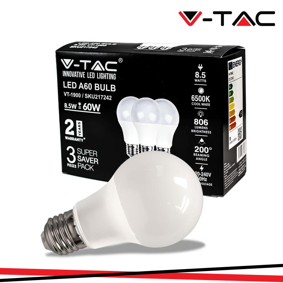 LED LAMPADINA 8.5W E27 A60 THERMOPLASTICA 6500K 3PCS/PACK