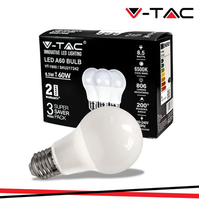 LED LAMPADINA 8.5W E27 A60 THERMOPLASTICA 6500K 3PCS/PACK