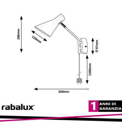 ALFONS, METAL WALL LAMP, WHITE, E27 1X MAX 25W, SWITCH ON CA