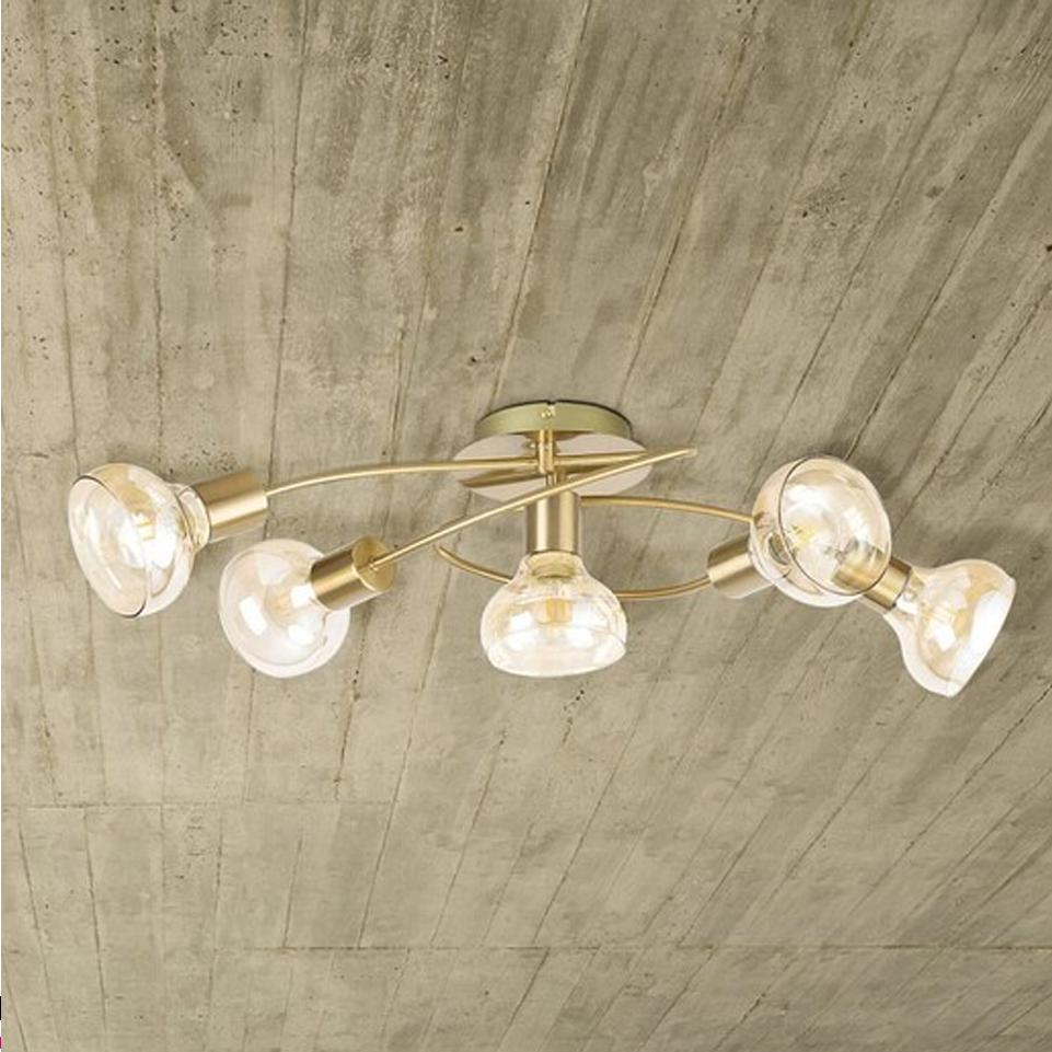 HOLLY, 5 HEADED CEILING LAMP WITH AMBER GLASS SHADE, WITHOUT