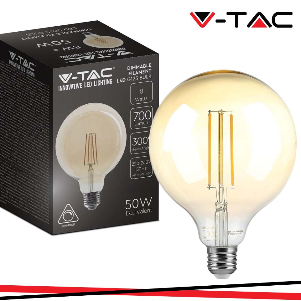 LED LAMPADINA 8W FILAMENTO E27 G125 AMBER DIMMERABILE 2200K