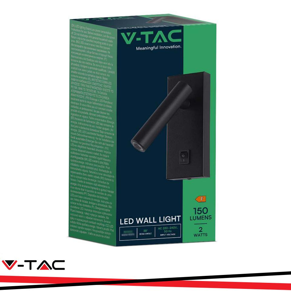 2W FARETTO LED DA PARETE QUADRATO CON INTERRUTTORE 3000K CORPO NERO