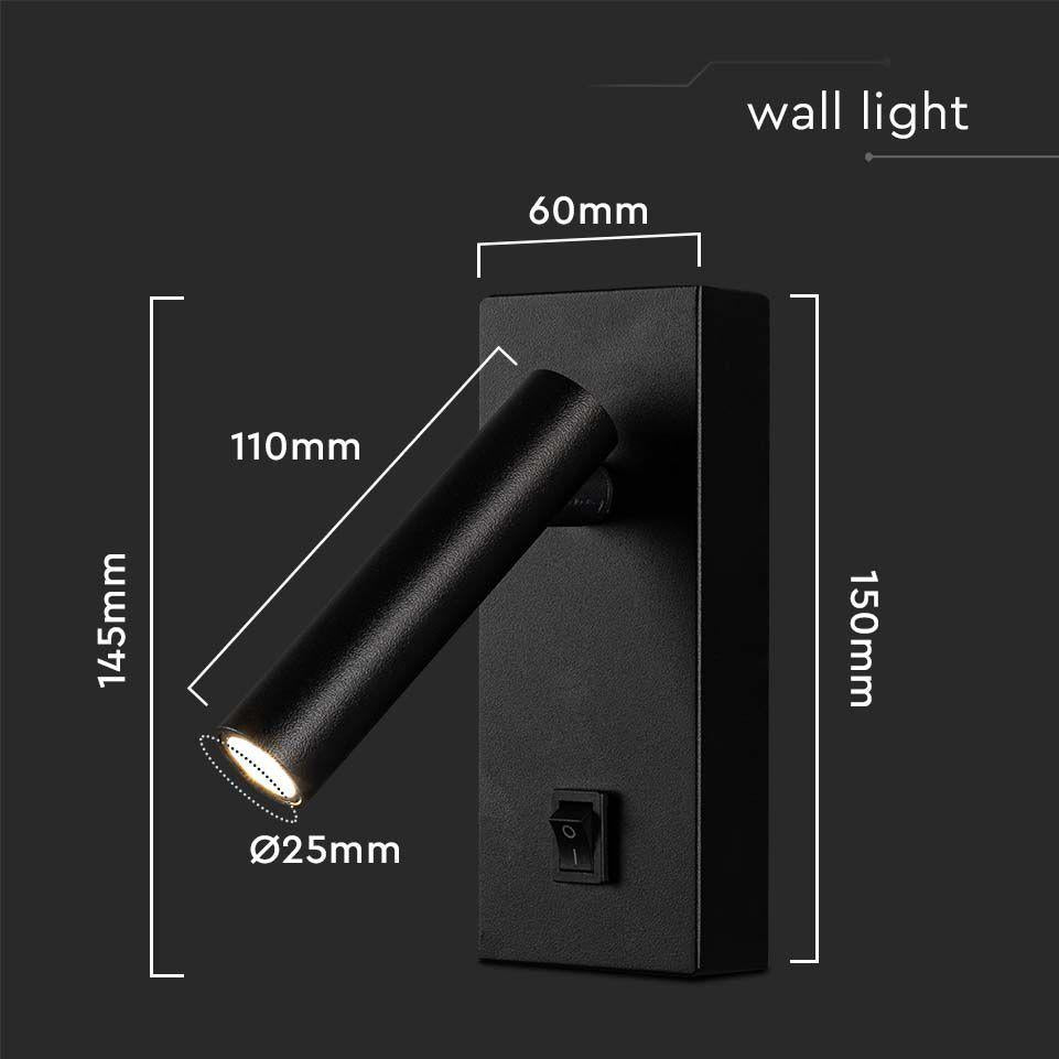 2W FARETTO LED DA PARETE QUADRATO CON INTERRUTTORE 3000K CORPO NERO