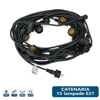 CATENARIA CON 15 LAMPADE E27   LUNGHEZZA 15MT NERO