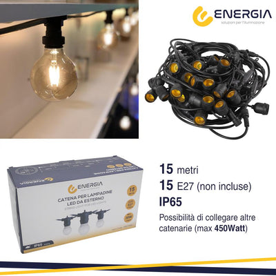 CATENA CON 15 PORTALAMPADA E27 15MT NERA