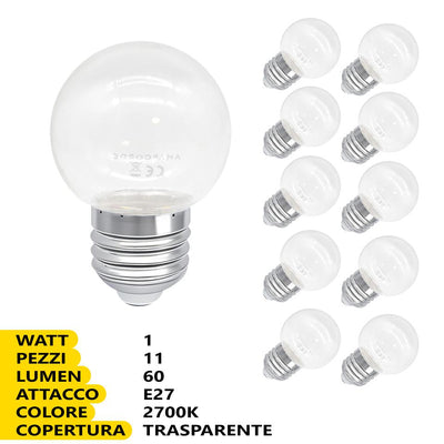 KIT 11 LAMPADINE TRASPARENTI   1W E27 60LM 2700K