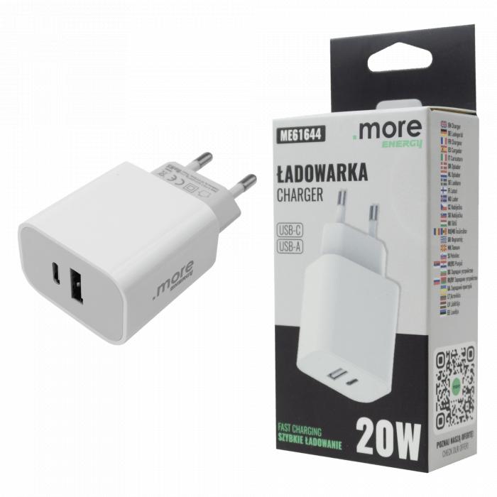 CARICABATTERIE DA MURO USB-C +USB-A DA 20 W BIANCO