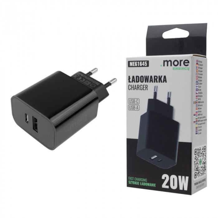 CARICABATTERIE DA MURO USB-C + USB-A DA 20 W, NERO