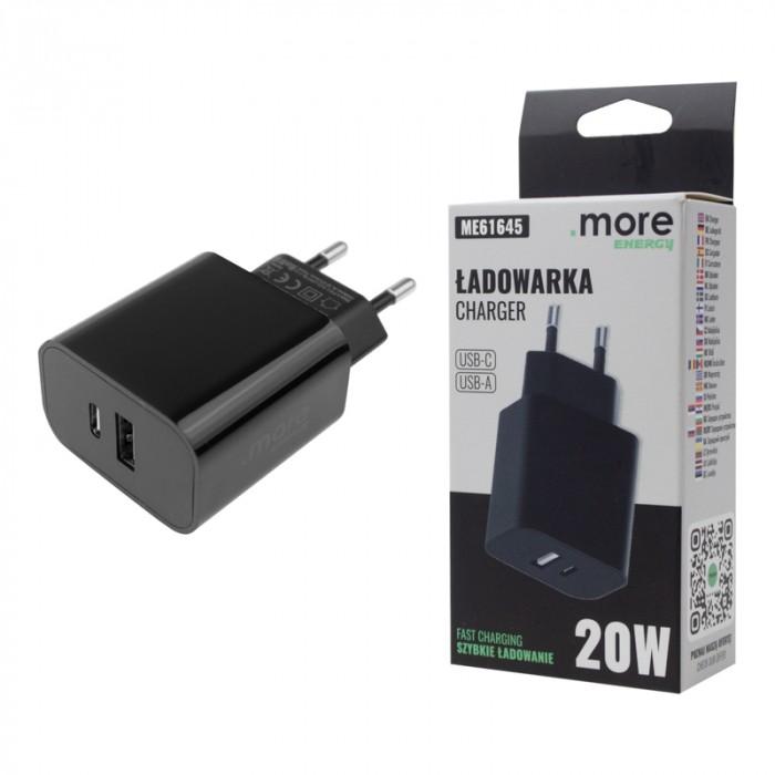 CARICABATTERIE DA MURO USB-C + USB-A DA 20 W, NERO