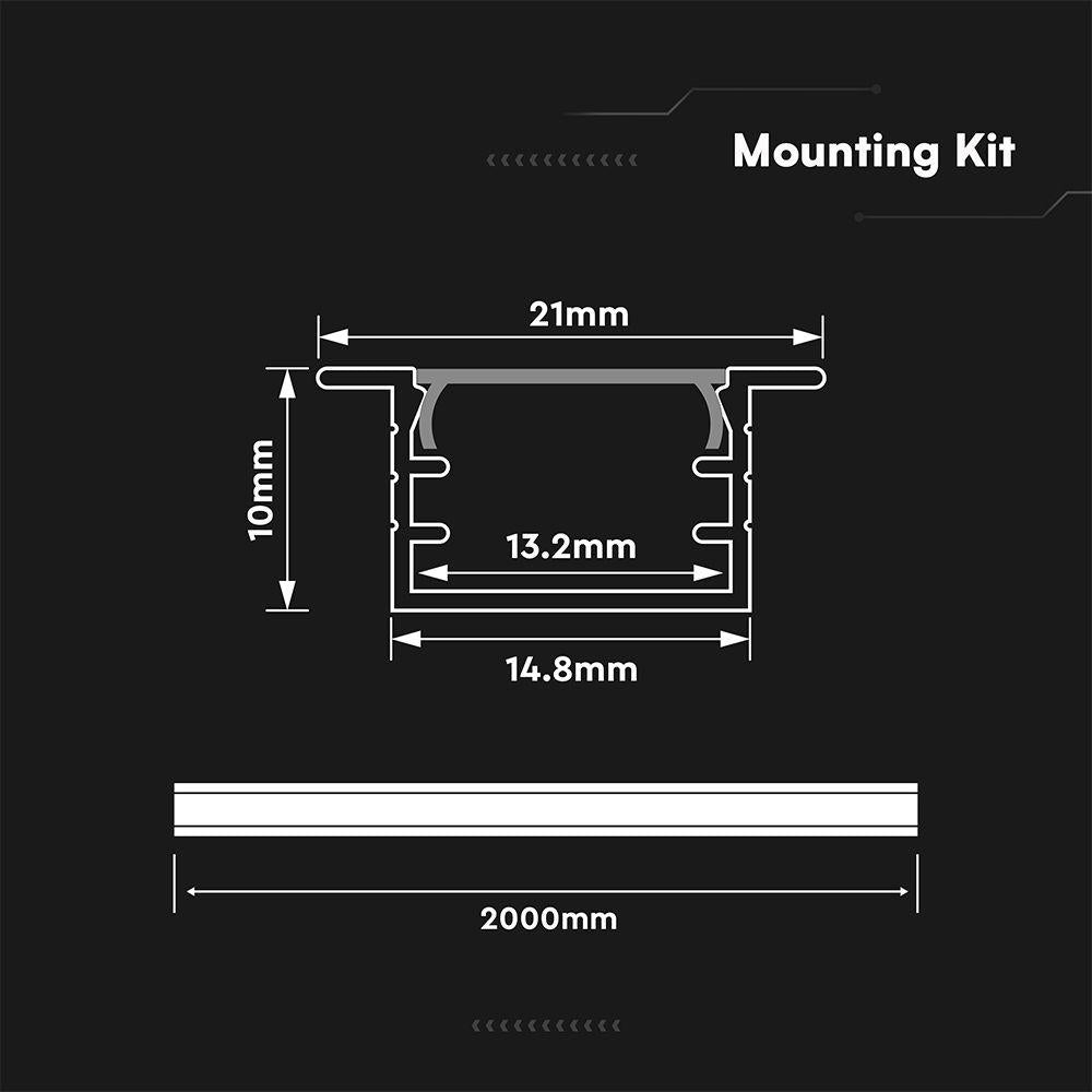 PROFILO LINEARE DA INCASSO PER STRIP LED FINO A 13.2MM, ALLUMINIO SILVER CON COPERTURA OPACA 2000X21X10MM