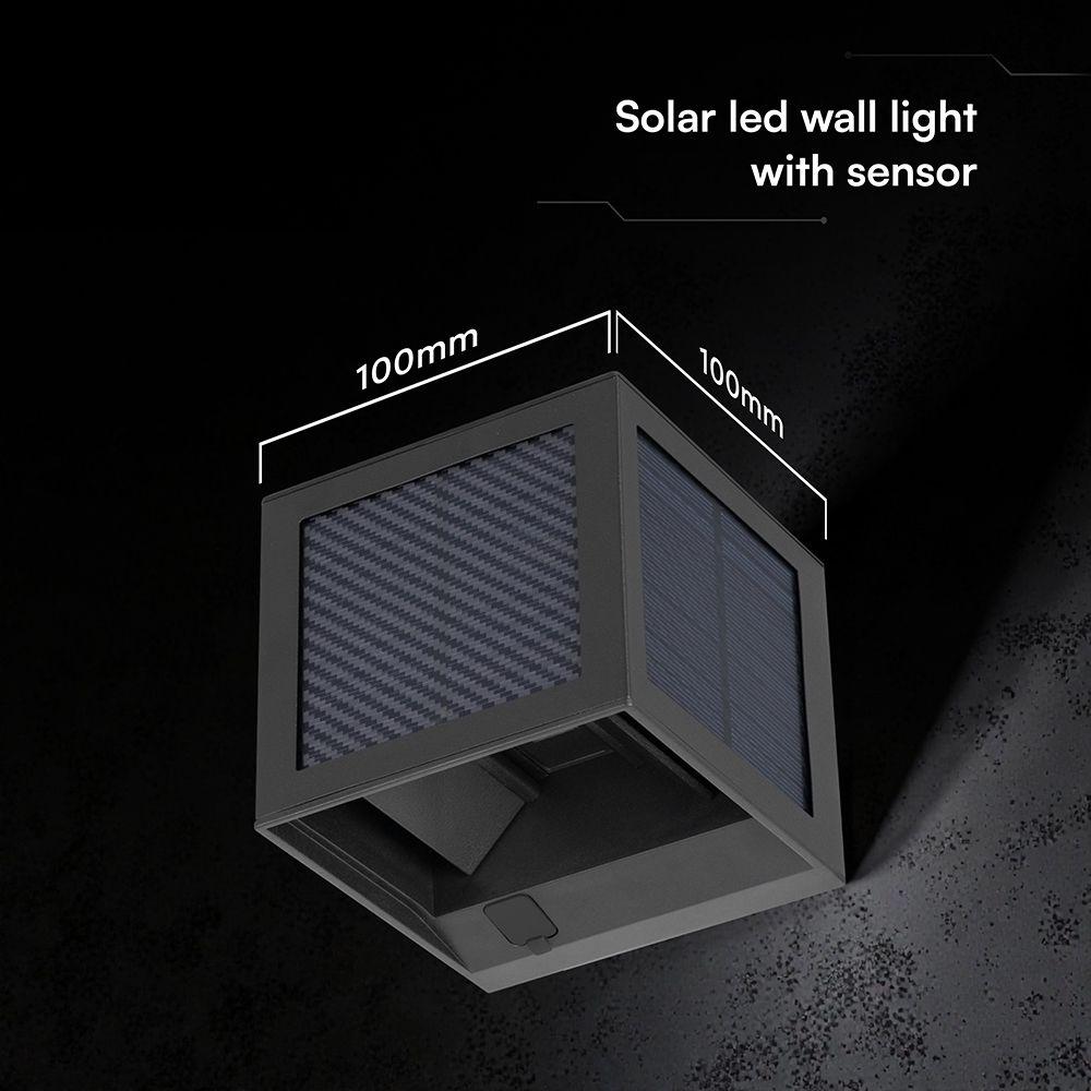 APPLIQUE SOLARE LED DA GIARDINO QUADRATA CON SENSORE PIR E USB NERA CCT IP65