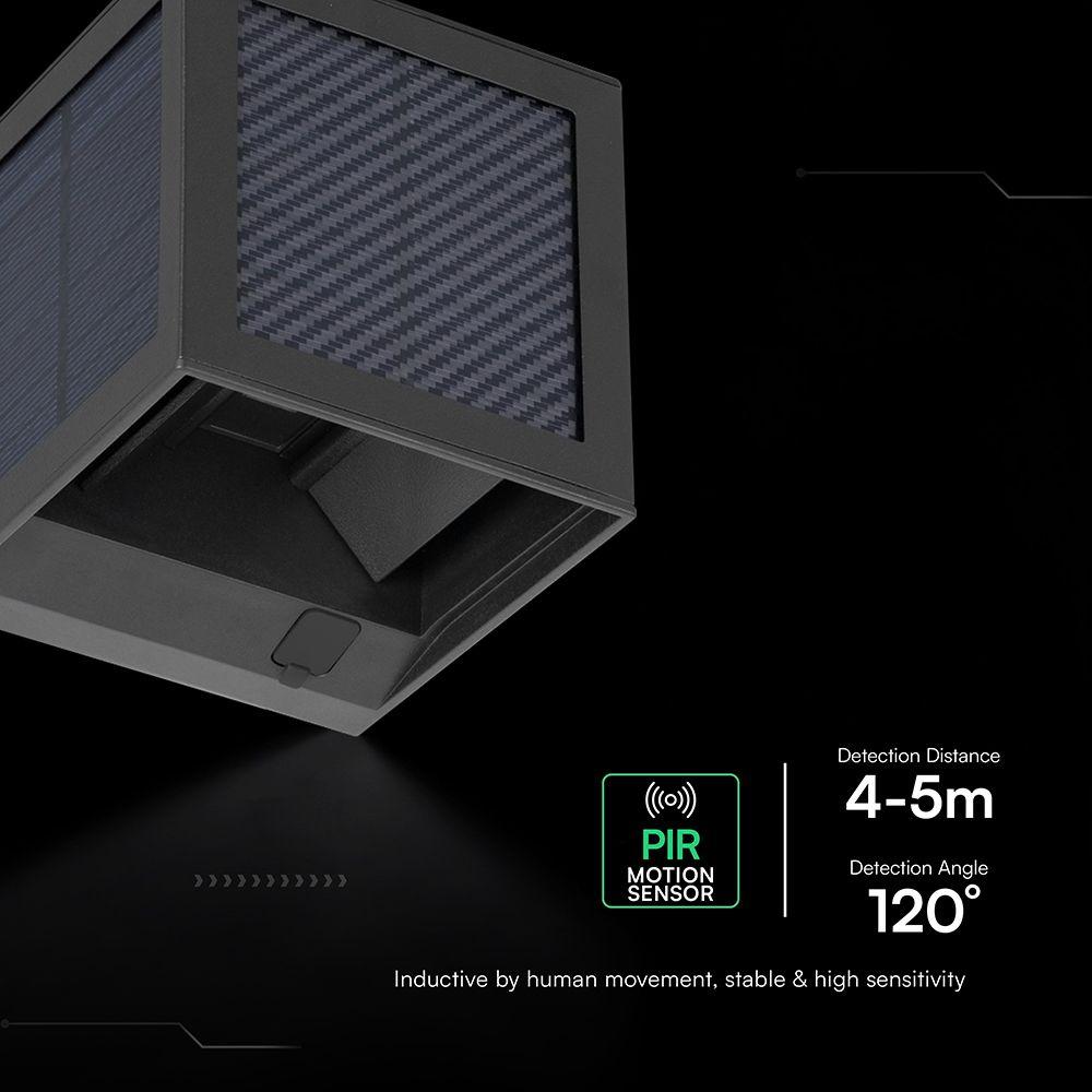 APPLIQUE SOLARE LED DA GIARDINO QUADRATA CON SENSORE PIR E USB NERA CCT IP65