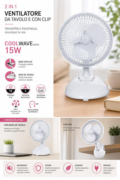 VENTILATORE A CLIP 15W DIAM.15CM 2IN1
