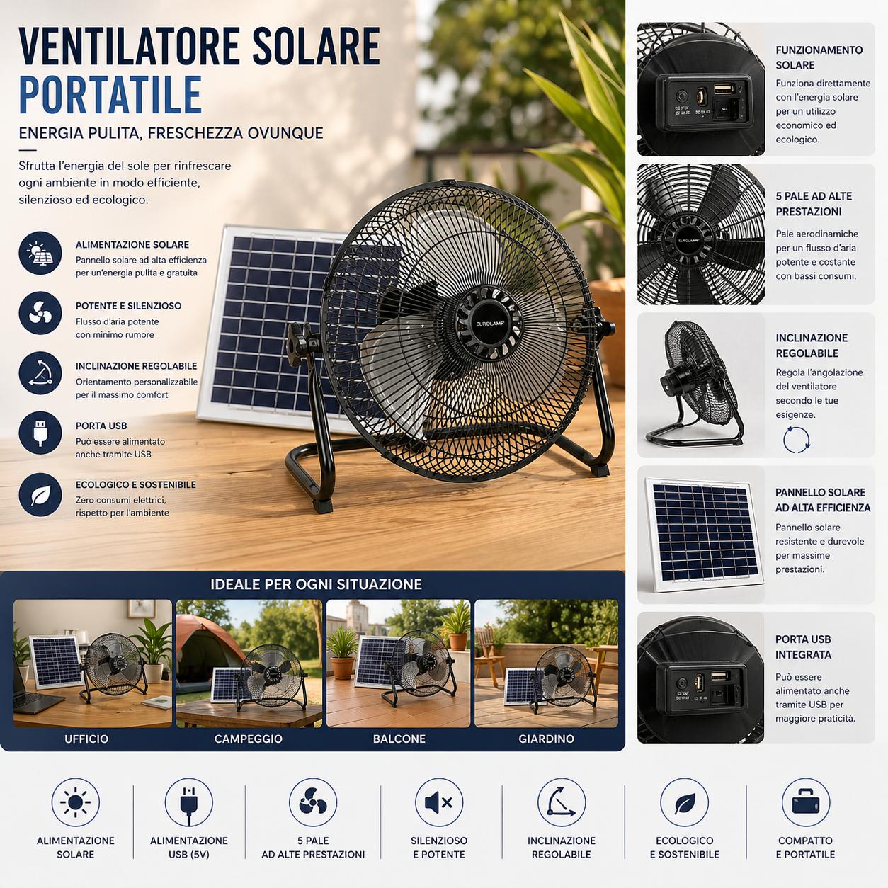VENTILATORE SOLARE DIAM.37CM 15W 4400MAH 7,4V