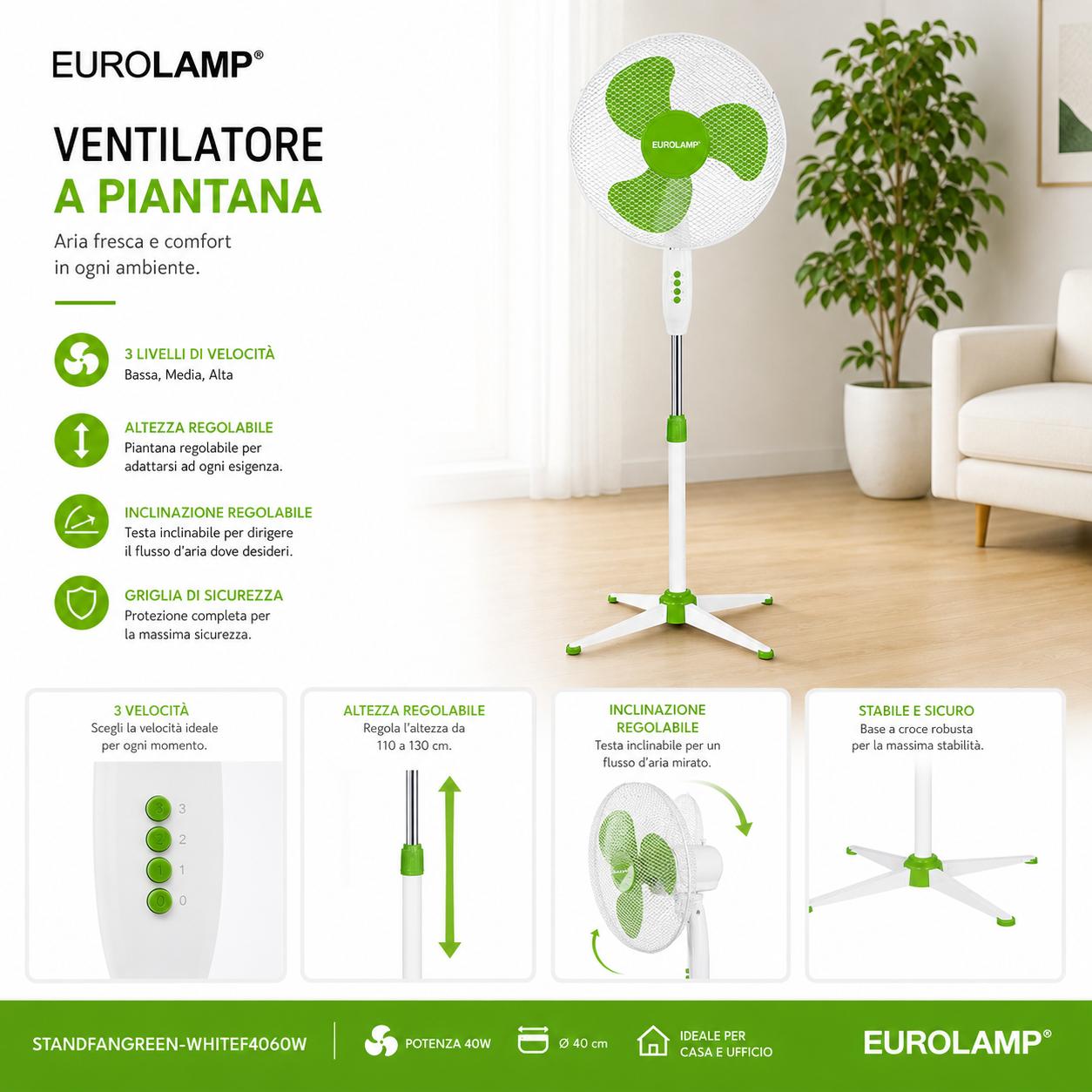 VENTILATORE DA TERRA VERDE-BIANCO DIAM.40CM 60W