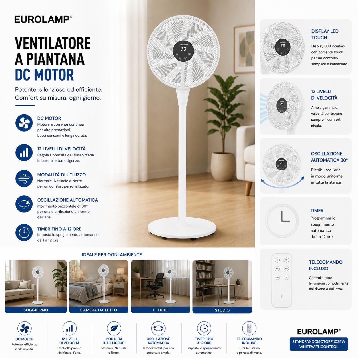 VENTILATORE A PIANTANA MOTORE  DC 40CM 25W BIANCO + TELEC.