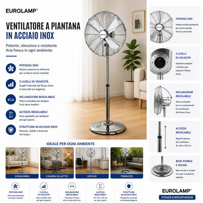 VENTILATORE A PIANTANA IN ACCIAIO 40CM 50W