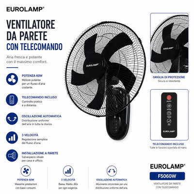 VENTILATORE DA PARETE NERO 50CM 60W CON TELECOMANDO
