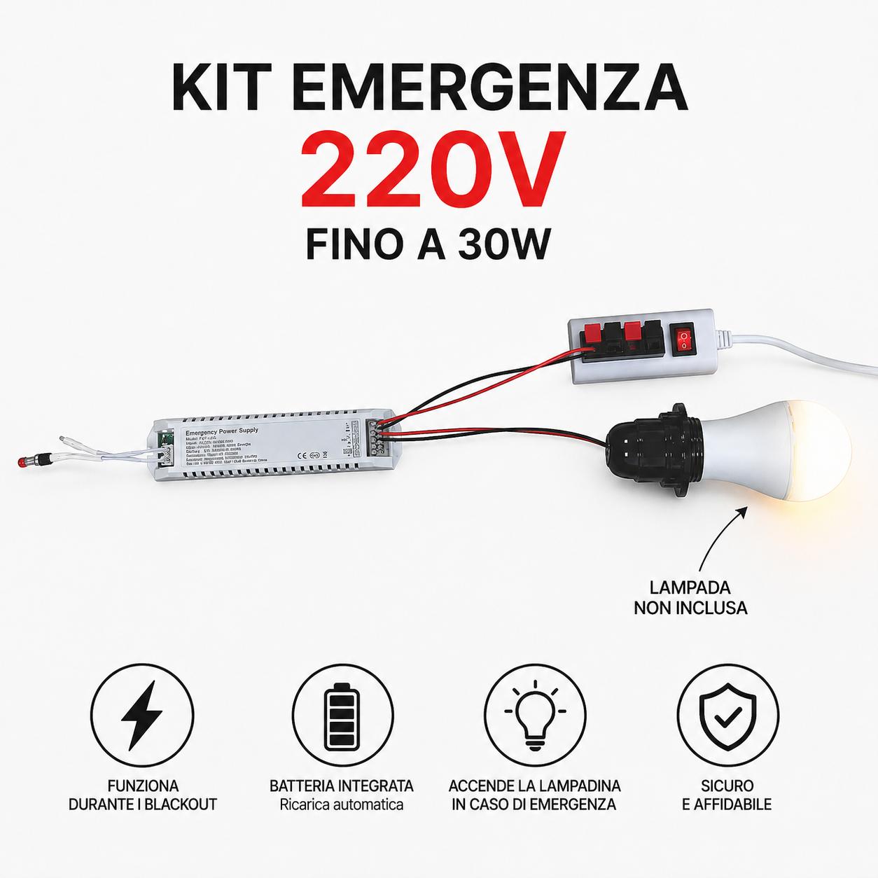 KIT EMERGENZA A 220V MAX 30W BATT.2600MAH 16X3,7X2H CM
