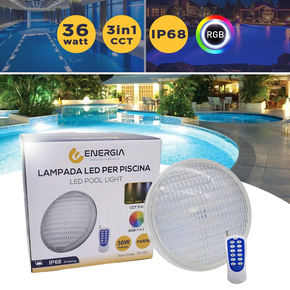 LAMPADA DA PISCINA PAR56 RGB+CCT 36W IP68 CON TELECOMANDO