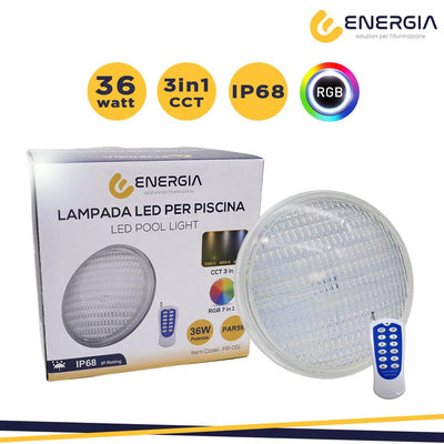 LAMPADA DA PISCINA PAR56 RGB+CCT 36W IP68 CON TELECOMANDO