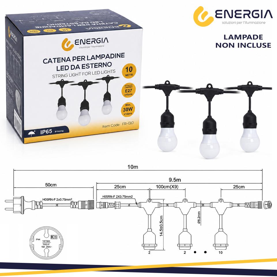 CATENARIA CON 10 LAMPADE E27 LUNGHEZZA 10MT NERO IP65