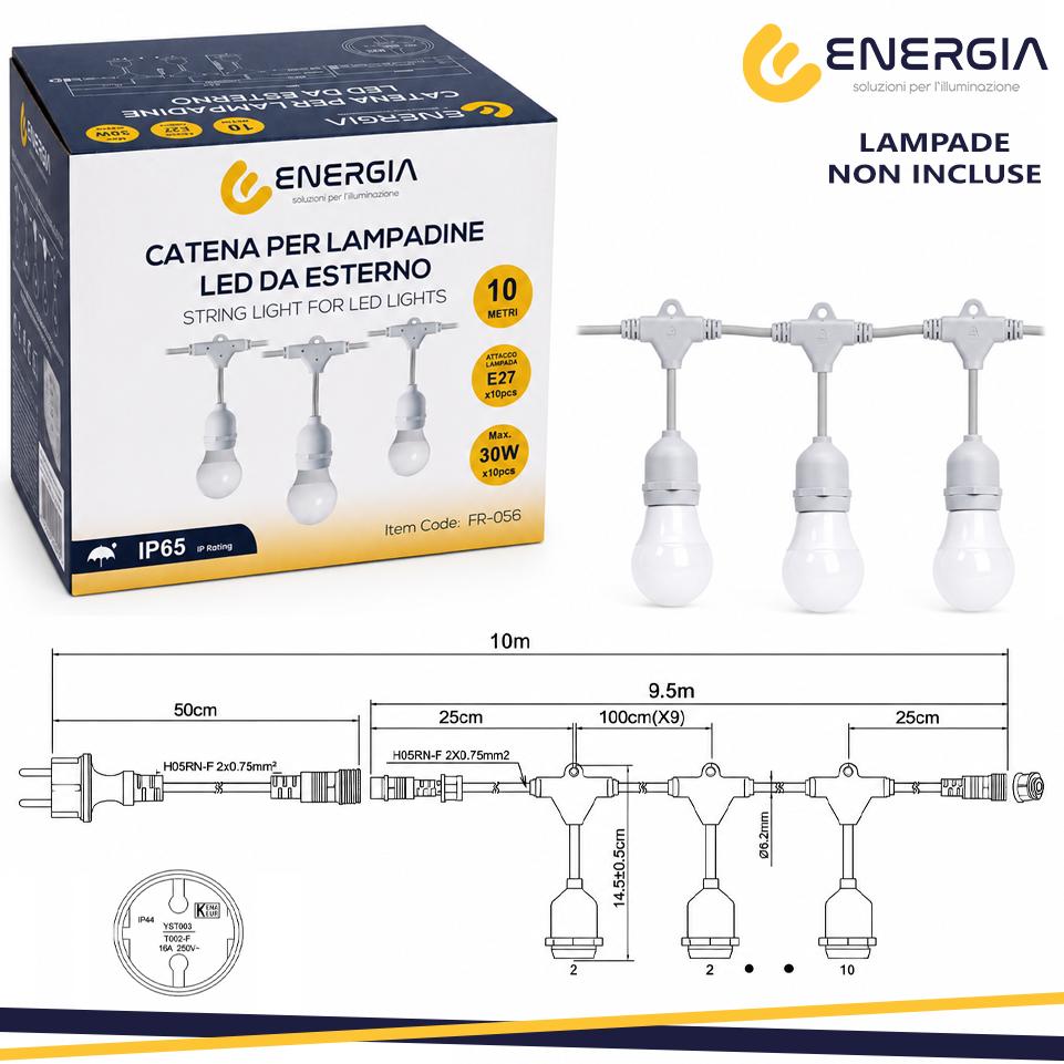 CATENARIA CON 10 LAMPADE E27 LUNGHEZZA 10MT BIANCO IP65