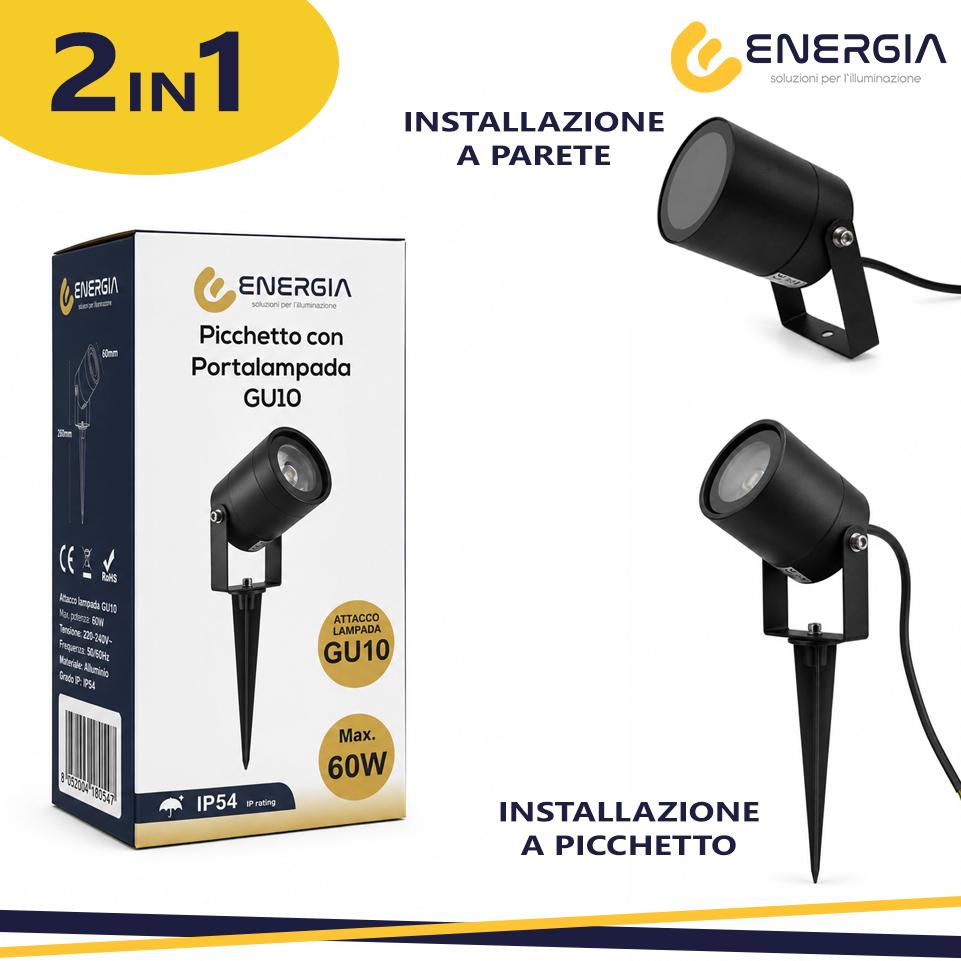 PICCHETTO/LAMPADA 2IN1 DA GIARDINO GU10, IP55, NERO