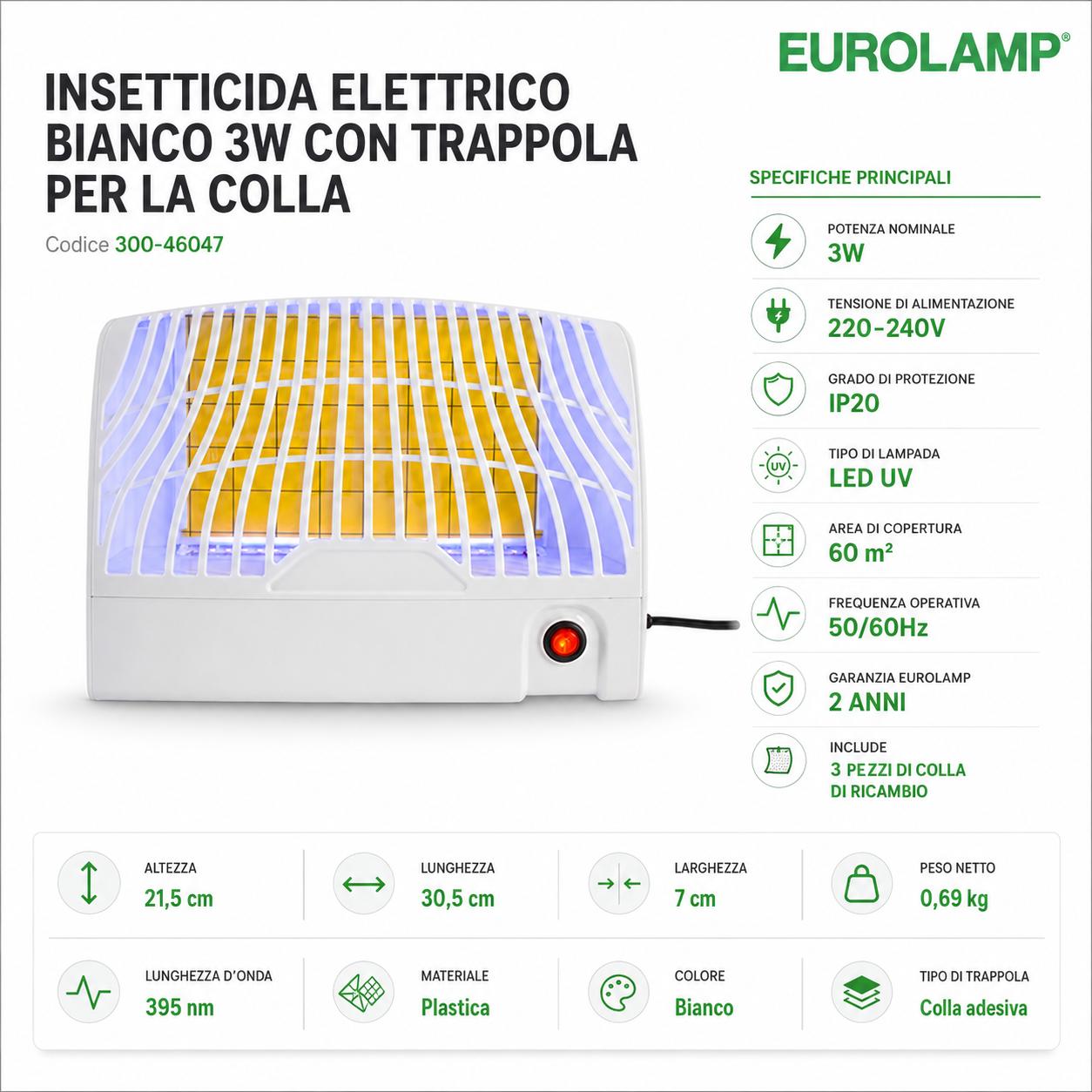 INSETTICIDA ELETTRICO BIANCO 3W CON TRAPPOLA PER COLLA