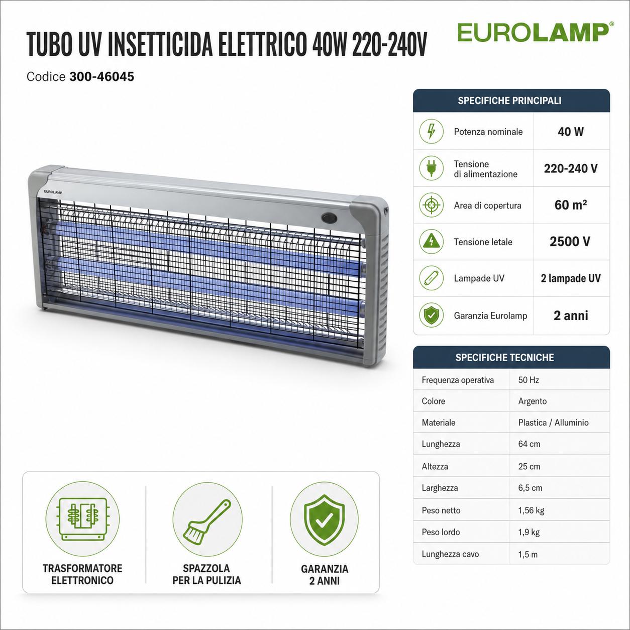 LAMPADA INSETTICIDA ELETTRICA  40W DA 64CM CON TUBO UV 220V