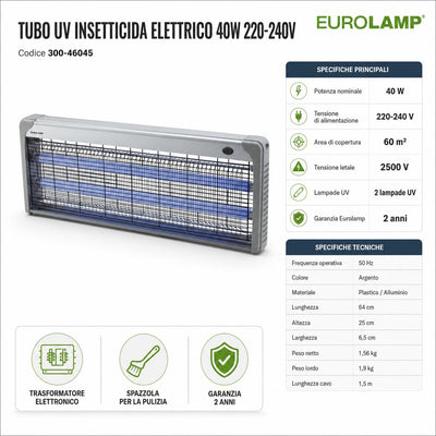 LAMPADA INSETTICIDA ELETTRICA  40W DA 64CM CON TUBO UV 220V