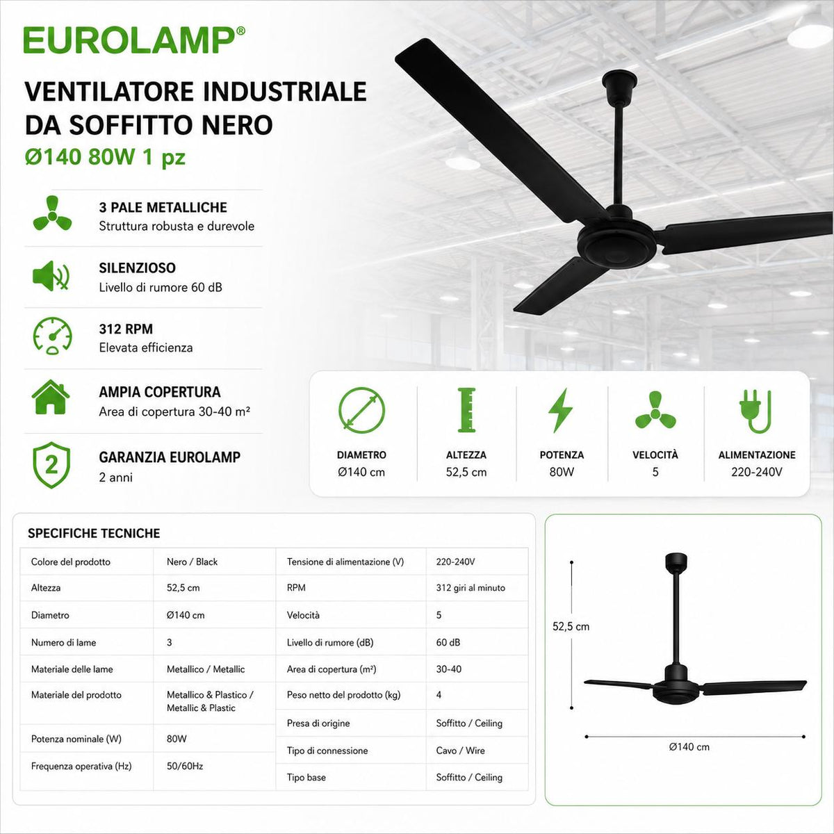VENTILATORE INDUSTRIALE DA SOFFITTO 140CM 80W