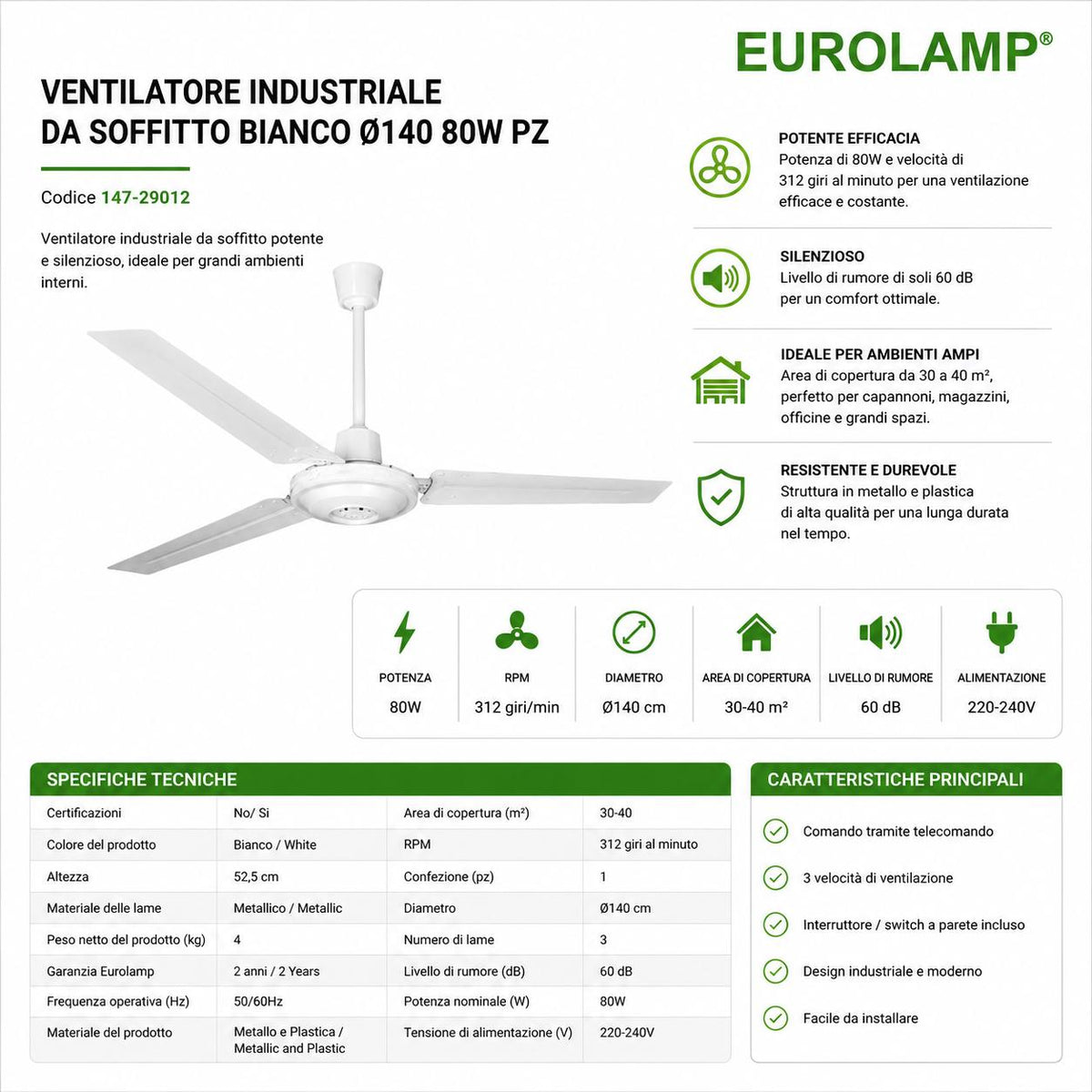 VENTILATORE INDUSTRIALE DA SOFFITTO BIANCO 140CM 80W