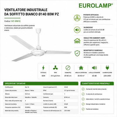 VENTILATORE INDUSTRIALE DA SOFFITTO BIANCO 140CM 80W