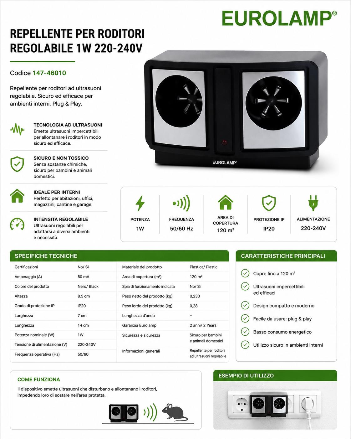 REPELLENTE PER RODITORI REGOLABILE 1W 220V